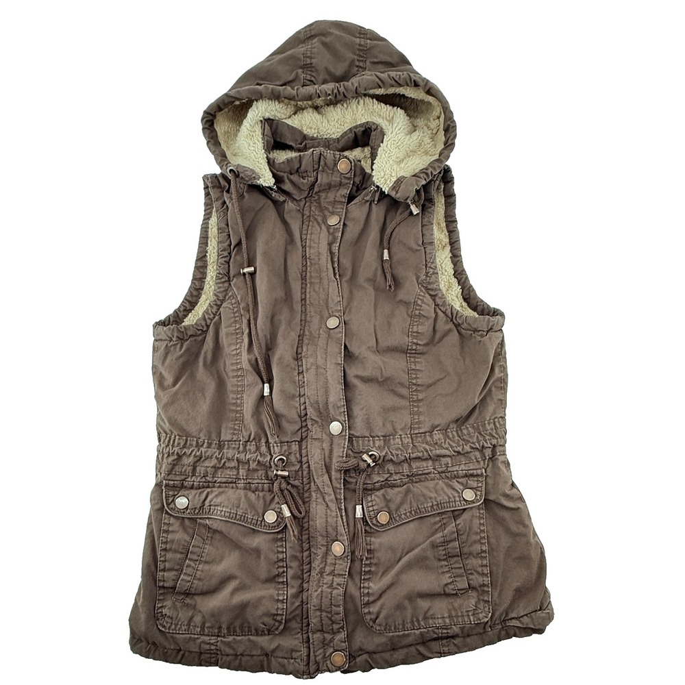 YMI Camel Brown Sleeveless Hooded Vest Jacket Size L Polyester military